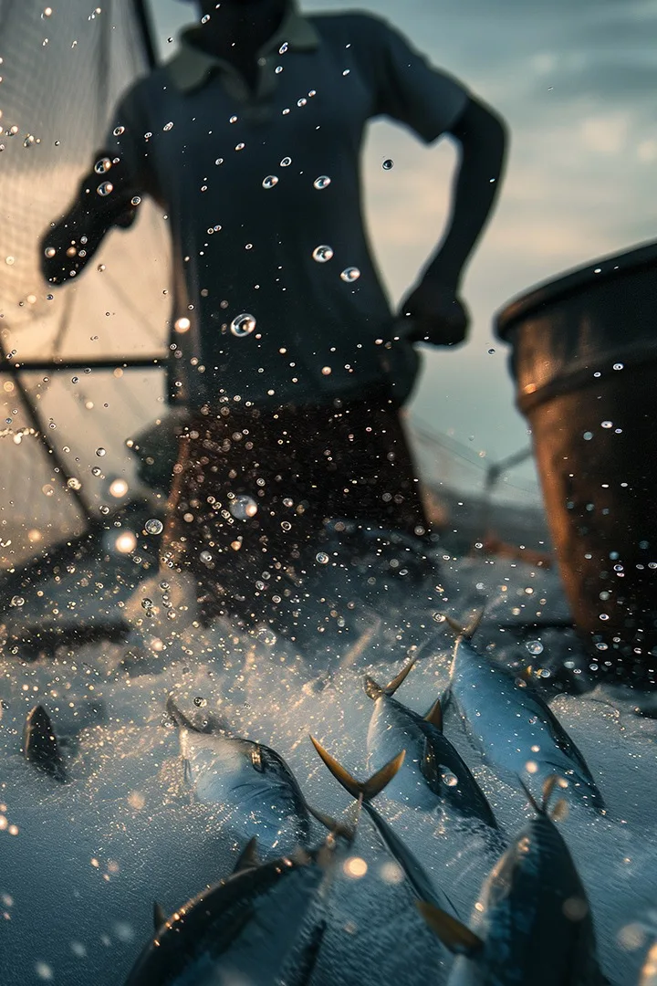 Pescador puxando a rede com peixes, entre respingos de água.