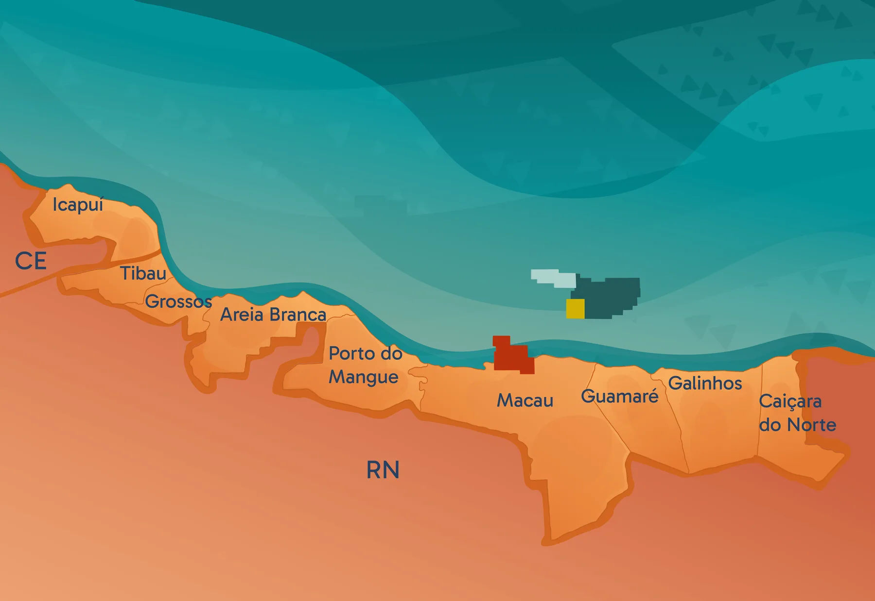 Mapa do litoral entre Icapuí (CE) e Caiçara do Norte (RN), com municípios e campos de petróleo da área de atuação.